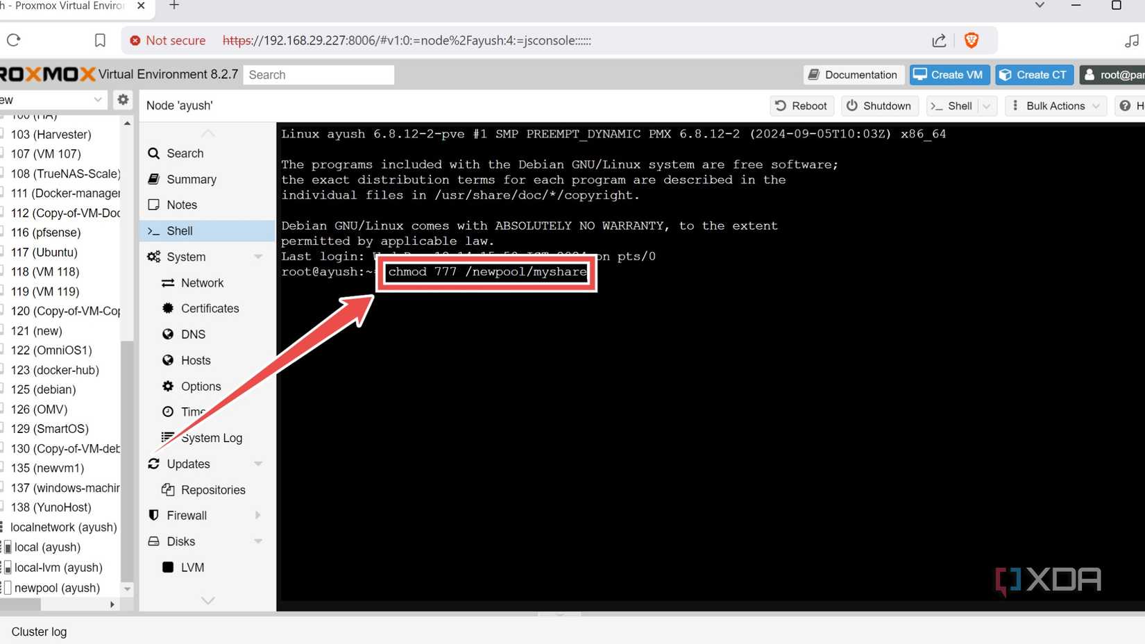 Running the chmod command in the Proxmox web UI