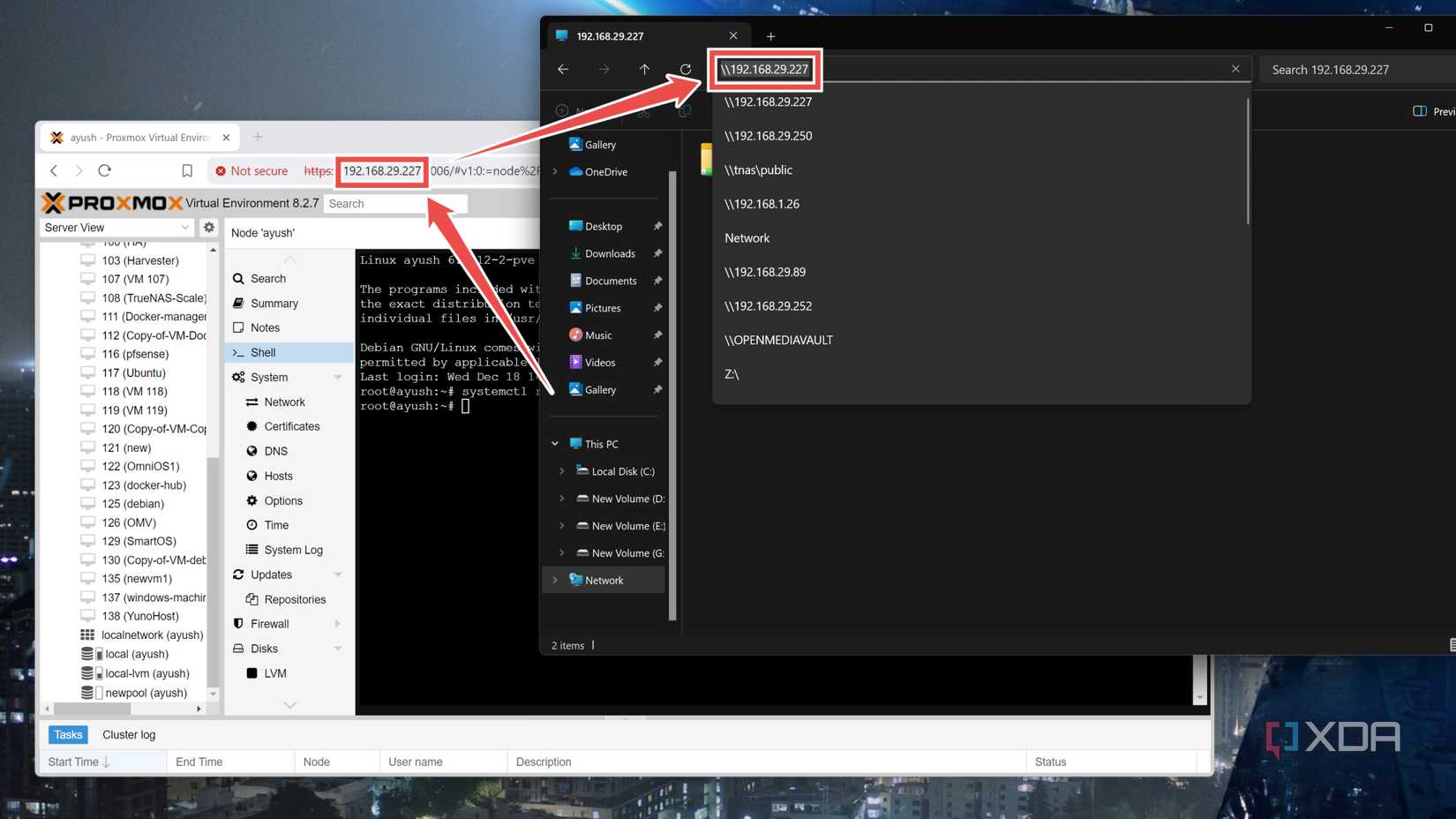 Entering the IP address of Proxmox into the File Explorer