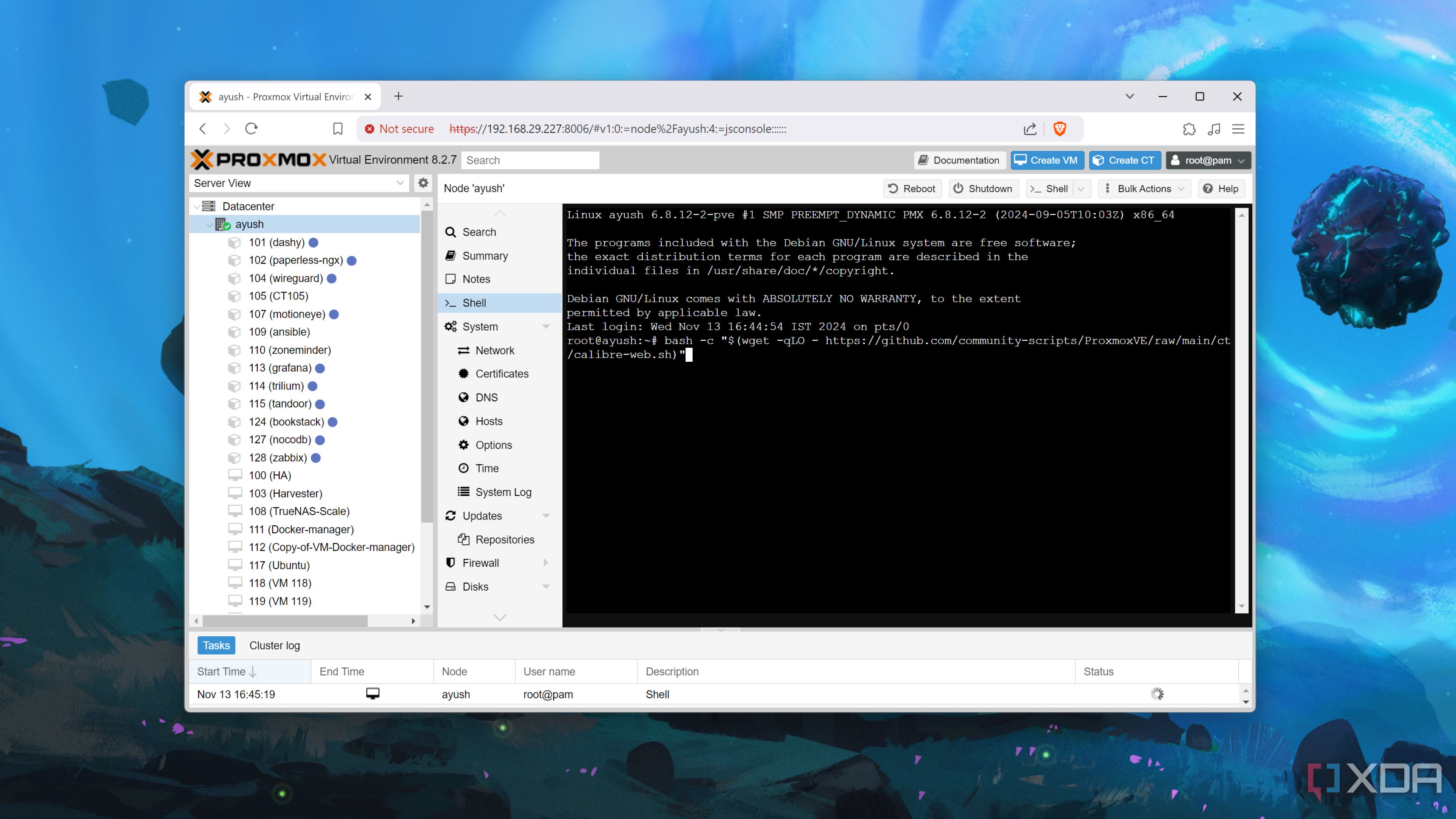 Enter a Proxmox VE-Helper Script in the Shell UI