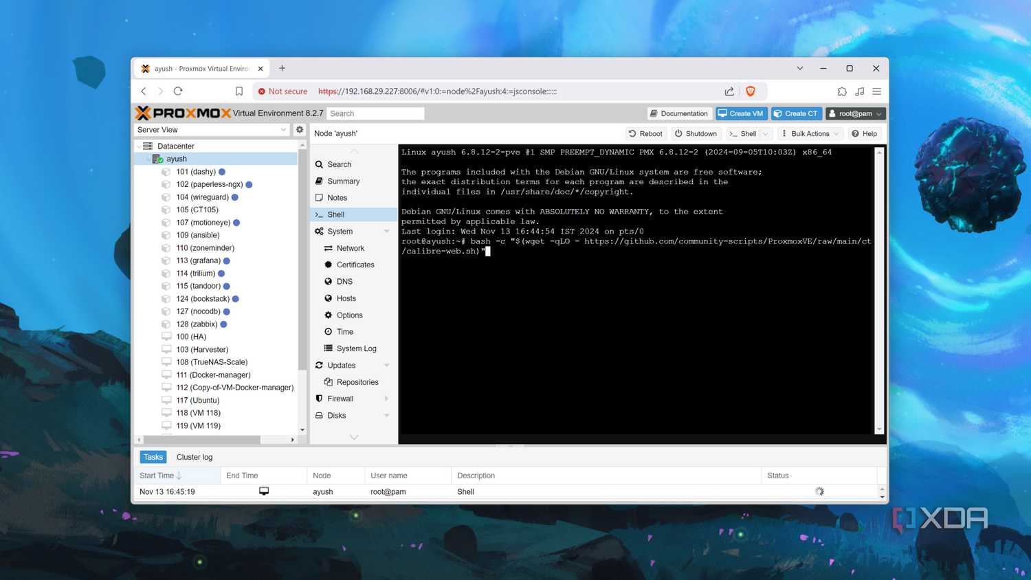 Enter a Proxmox VE-Helper Script in the Shell UI