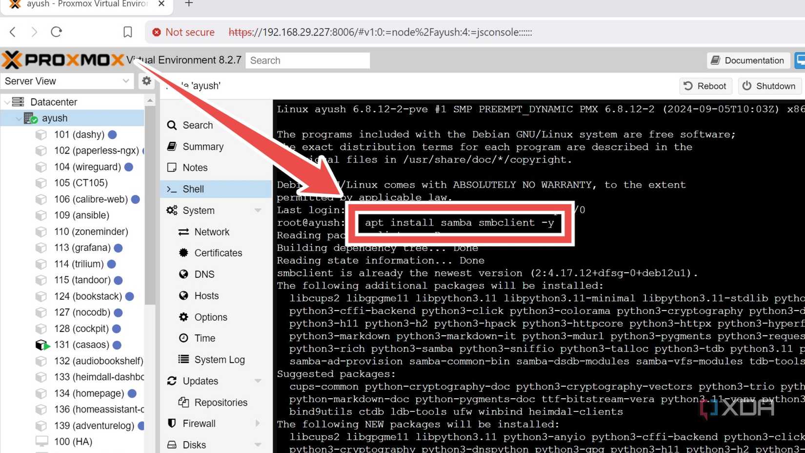 Installing the Samba packages on Proxmox
