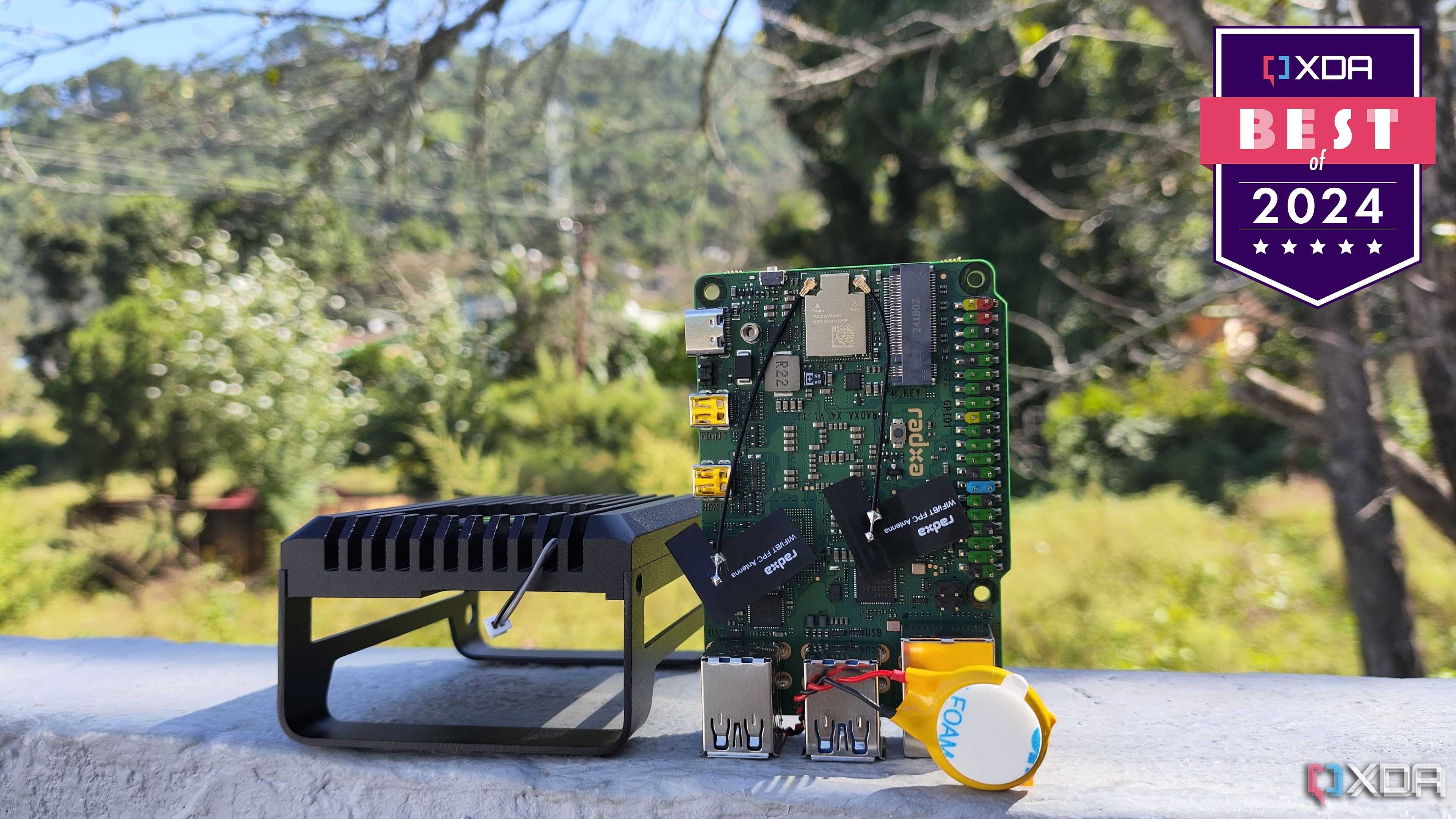 Radxa X4 on a stone wall with a badge reading XDA Best of 2024