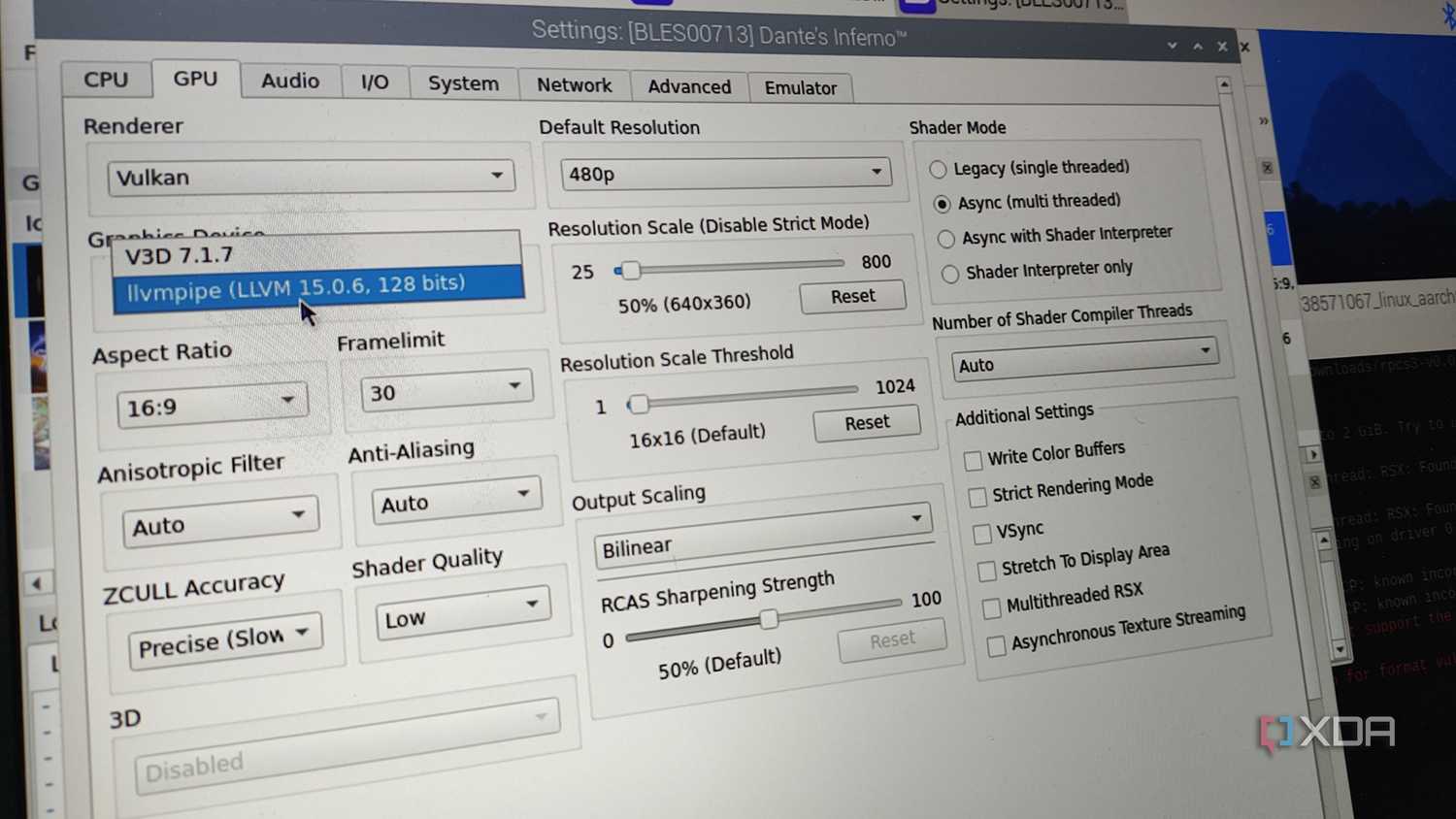 Setting th graphics to llvmpipe in RPCS3
