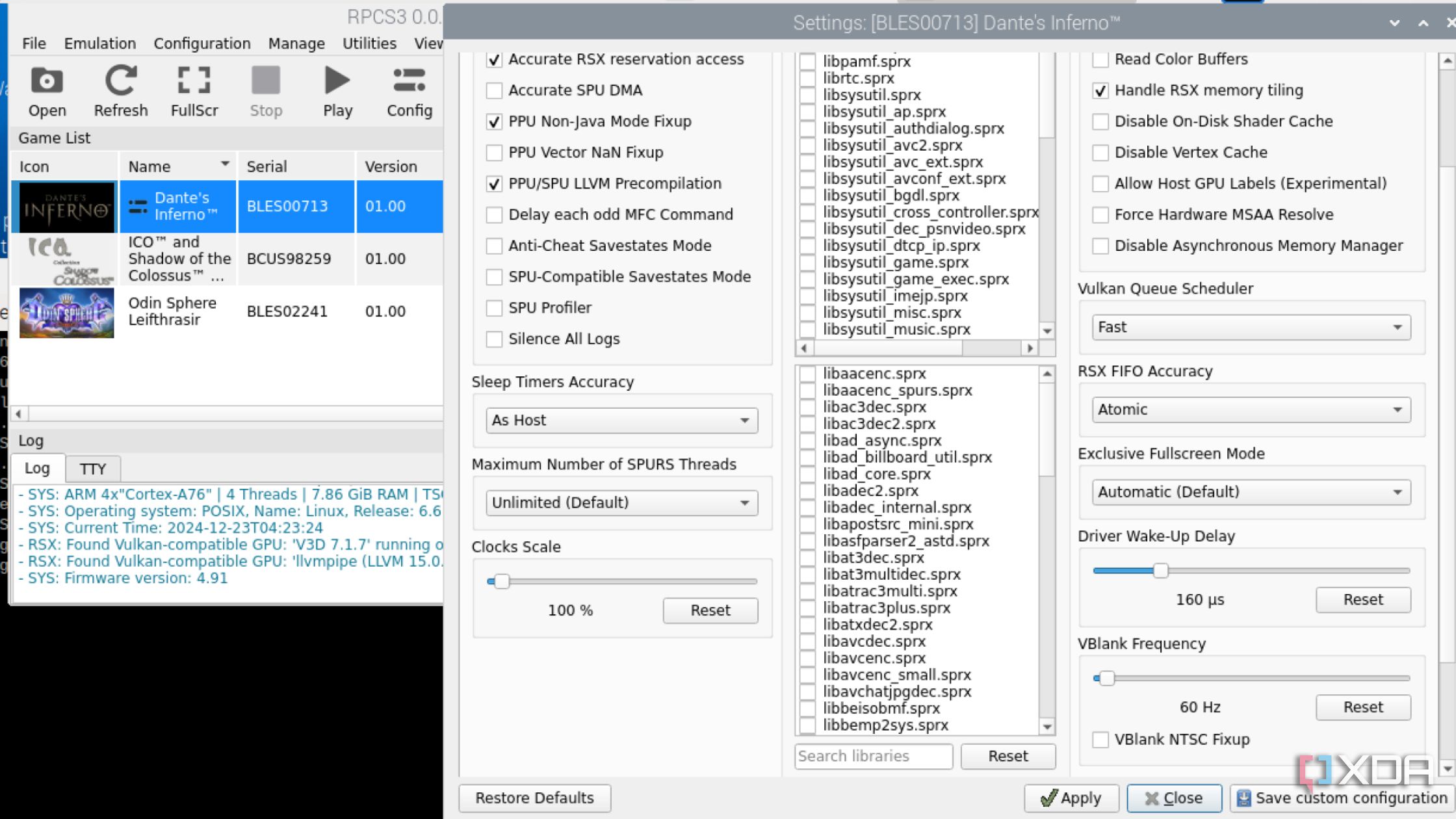 The advanced settings page in RPCS3