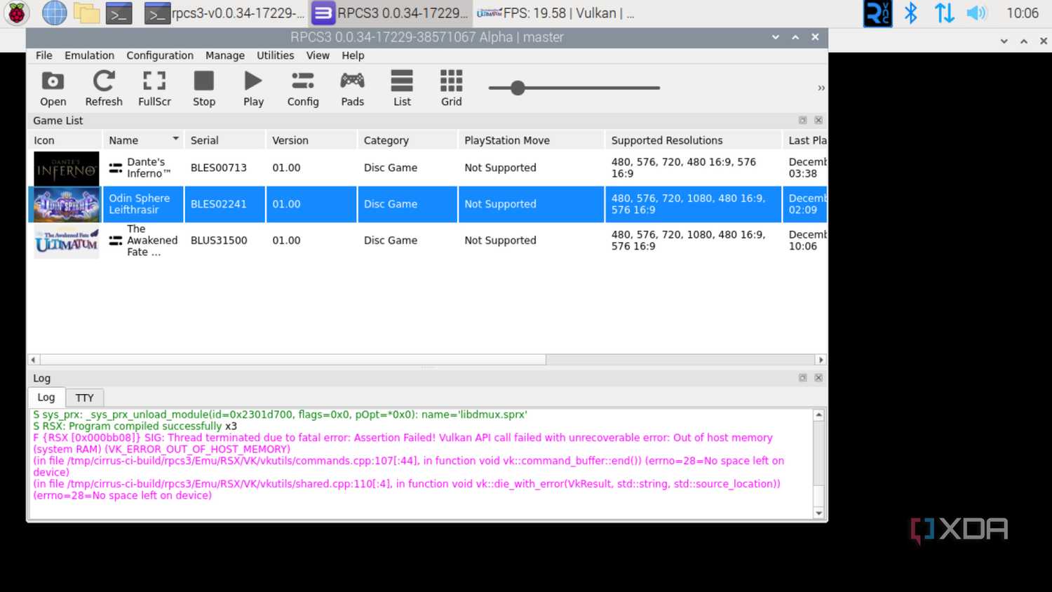 The error when running Odin Sphere on RPCS3 with V3D driver enabled