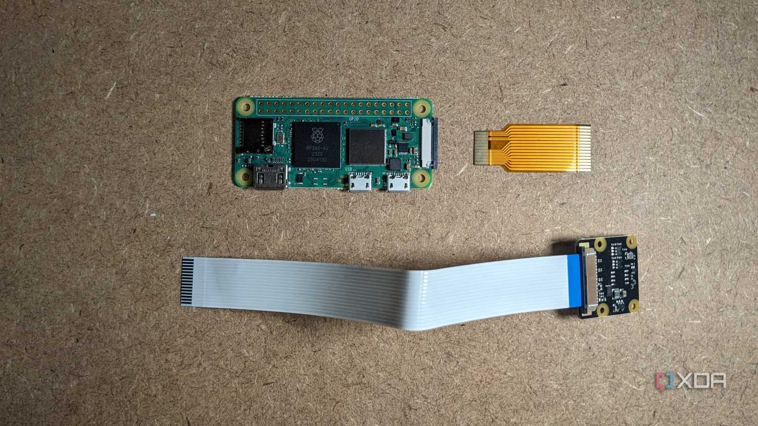 Raspberry Pi Zero 2 W, ribbon cable, and camera module