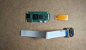 Raspberry Pi Zero 2 W, ribbon cable, and camera module