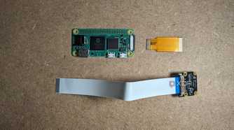 Raspberry Pi Zero 2 W, ribbon cable, and camera module