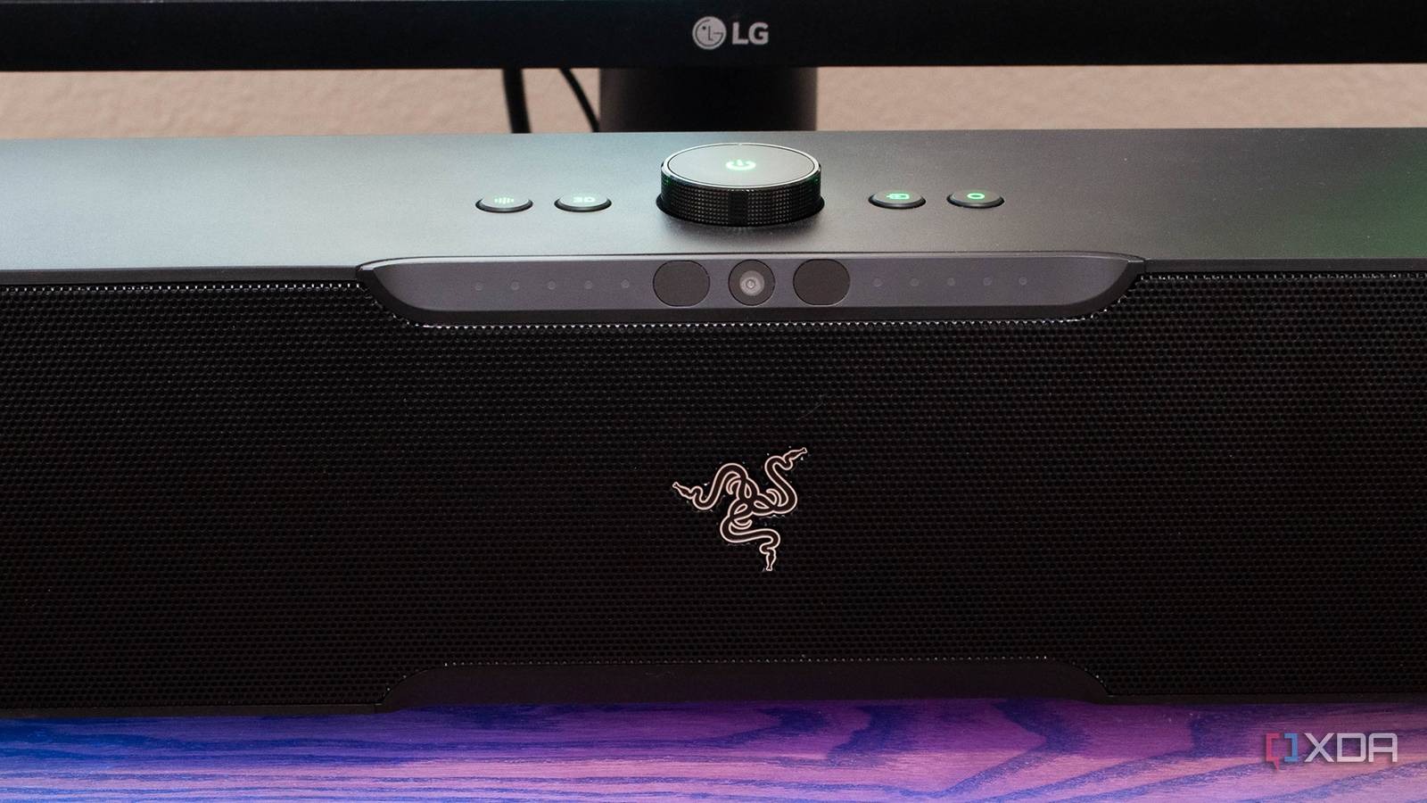 A close up of the Razer Leviathan V2 Pro with RGB