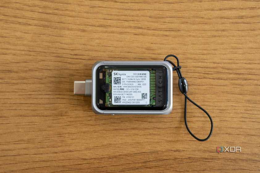 Top-down view of the Satechi Mini NVMe SSD Enclosure with an SSD installed inside