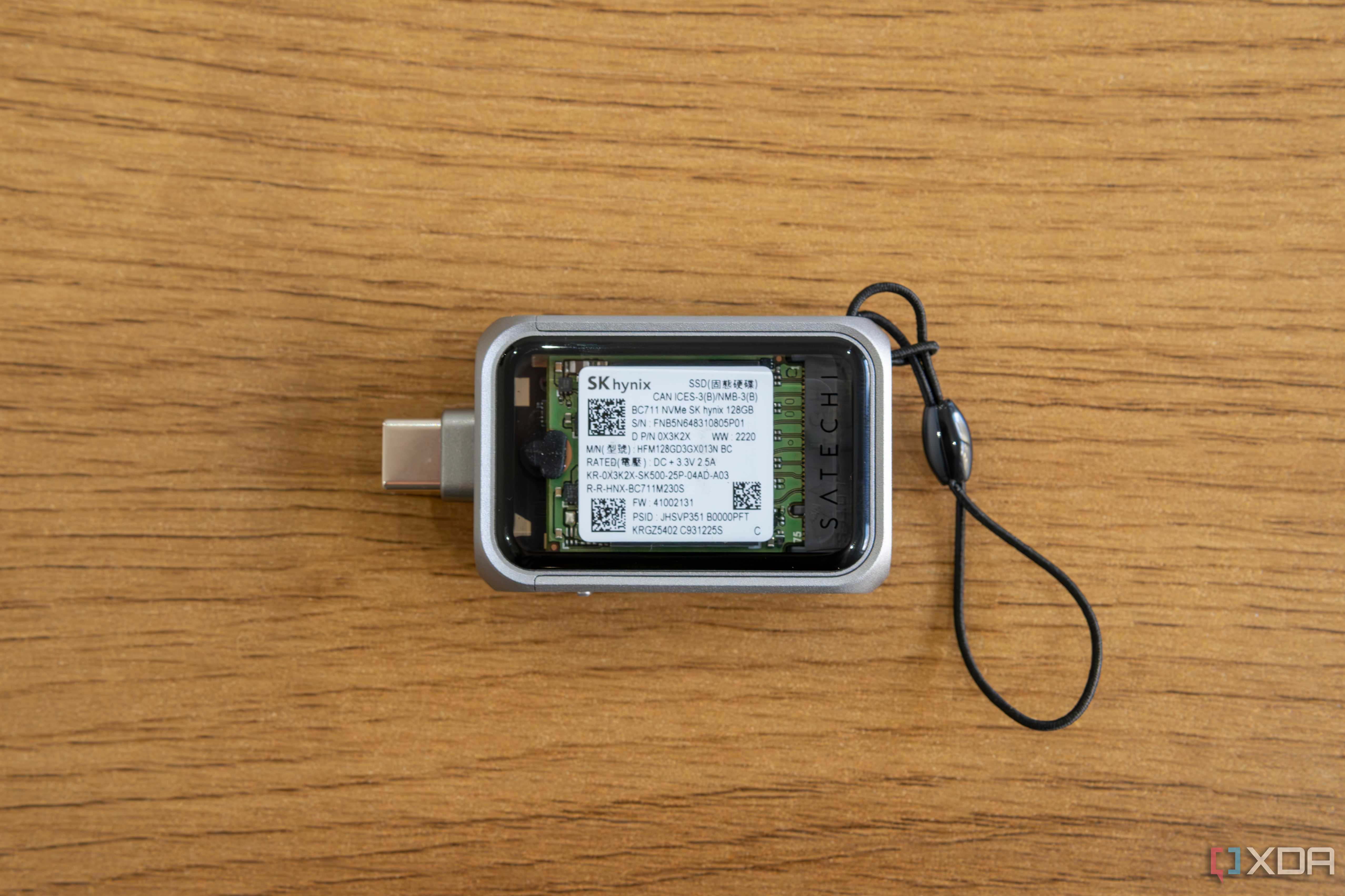 Top-down view of the Satechi Mini NVMe SSD Enclosure with an SSD installed inside