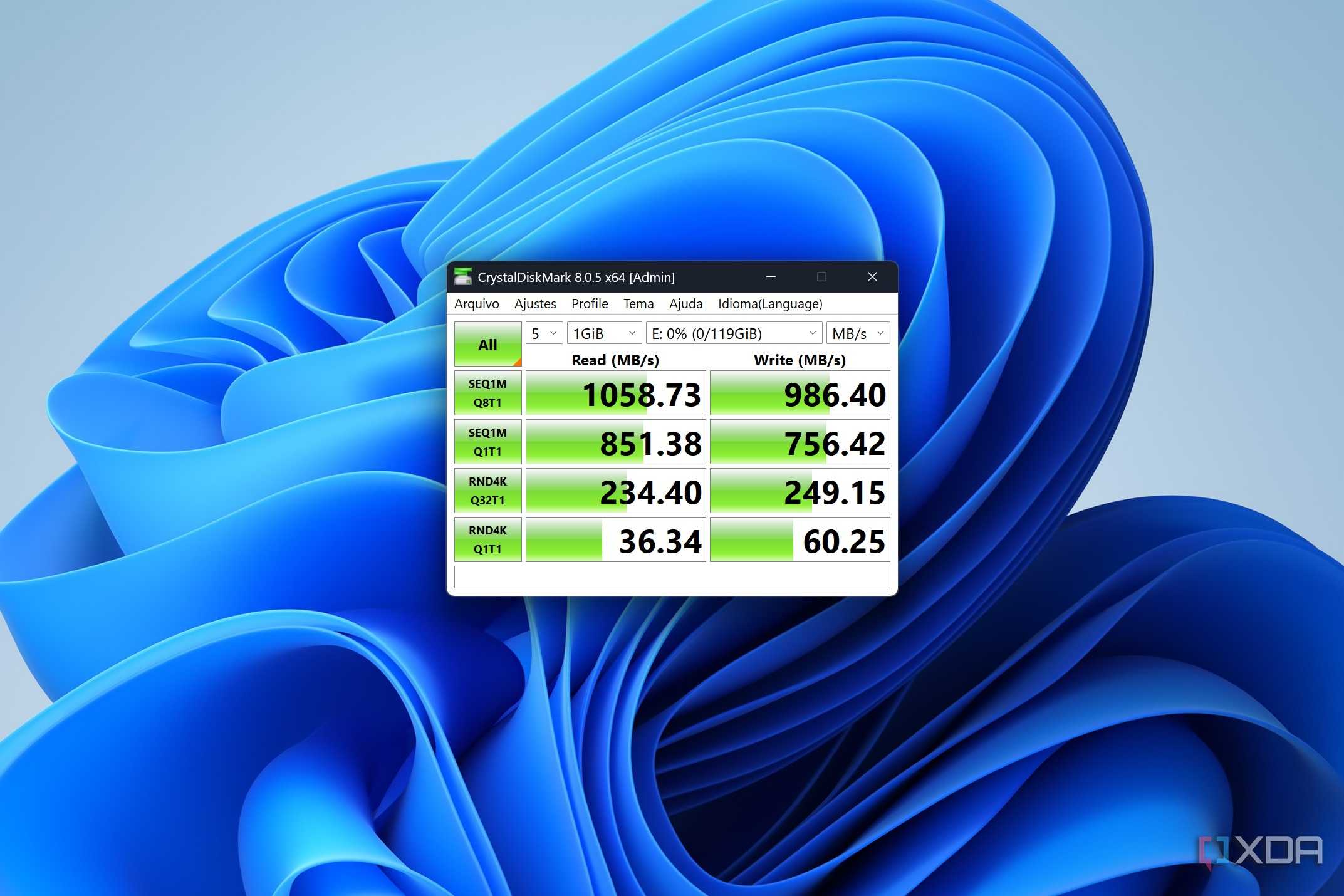 CrystalDiskMark test results for the Satechi Mini NVMe SSD enclosure on the Huawei MateBook X Pro