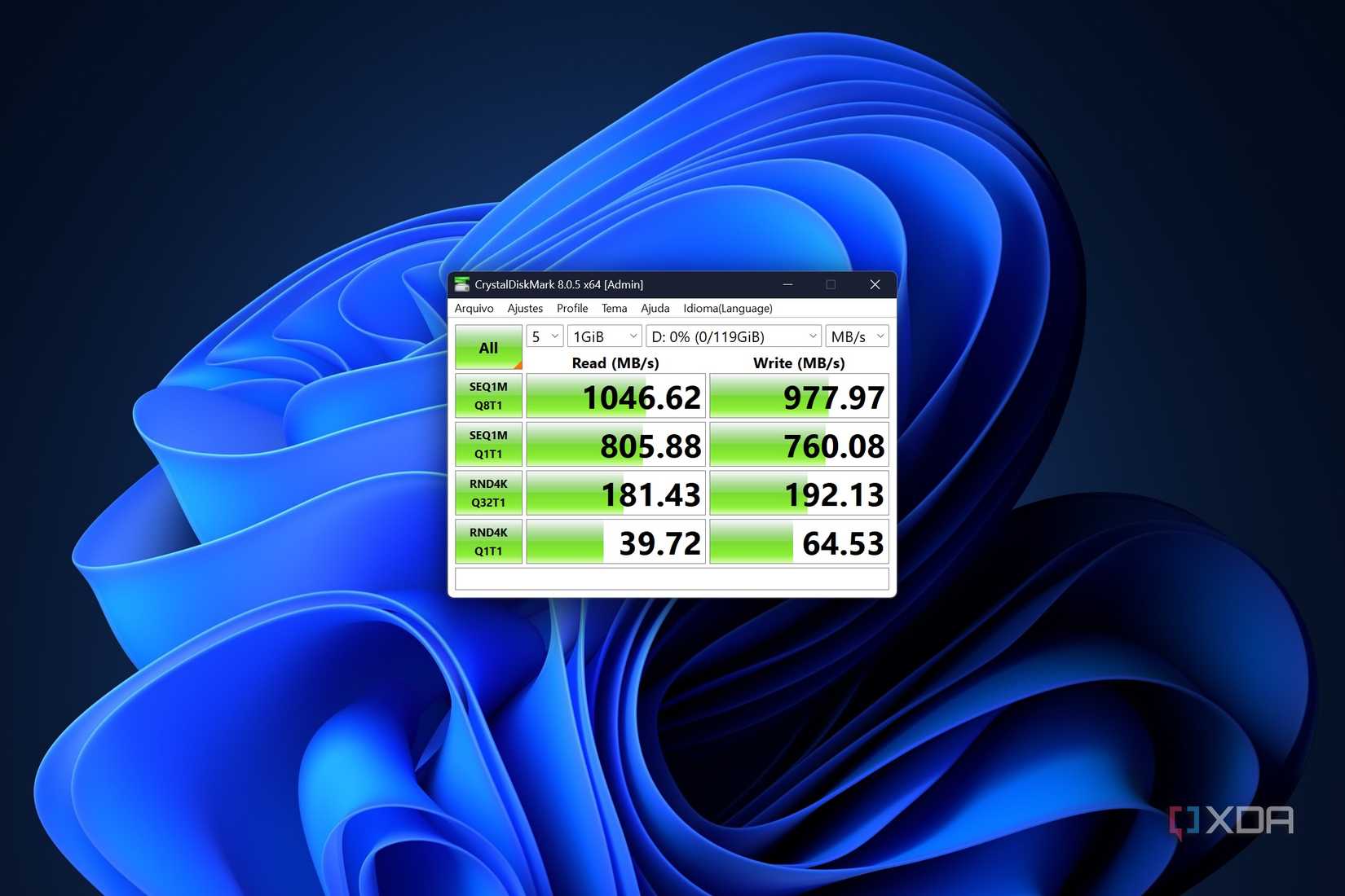 CrystalDiskMark test results for the Satechi Mini NVMe SSD enclosure