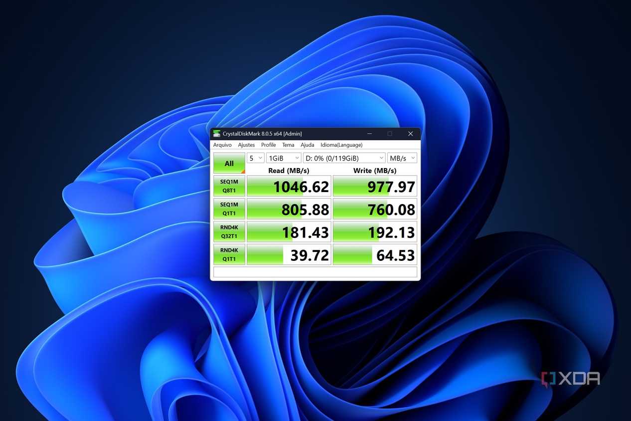 CrystalDiskMark test results for the Satechi Mini NVMe SSD enclosure on the Asus Zenbook S 14