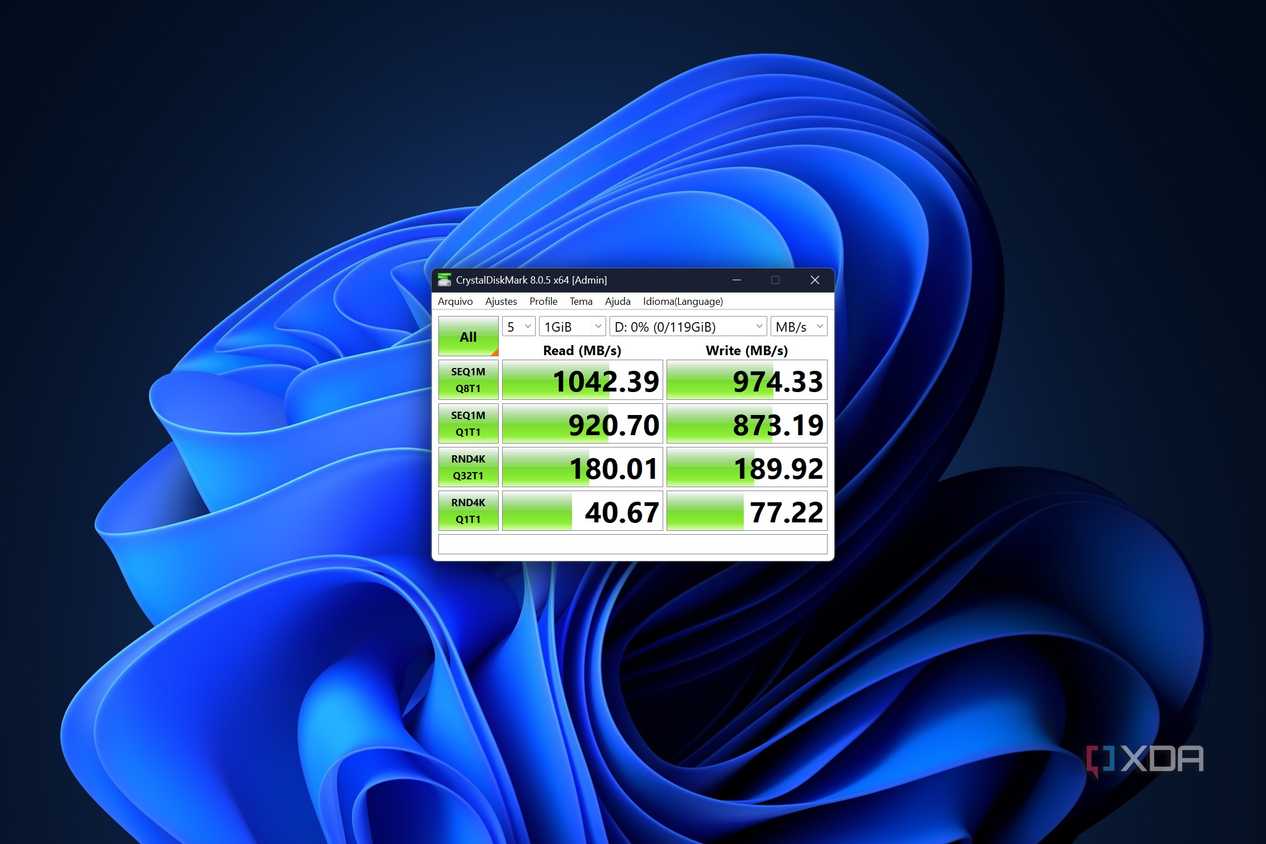 CrystalDiskMark test results for the Satechi Mini NVMe SSD enclosure on the Asus Zenbook S 14 using the extension cable