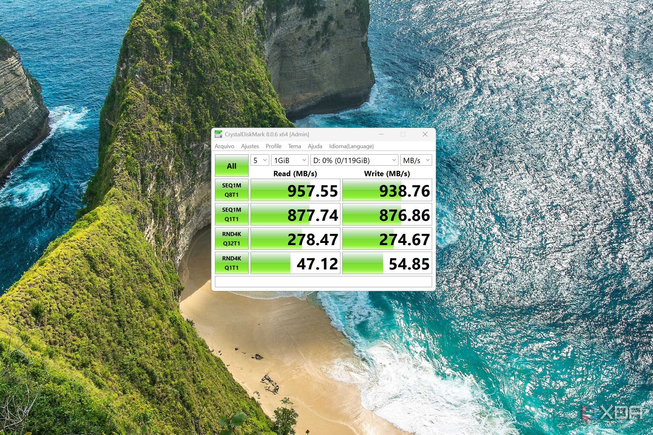 CrystalDiskMark test results for the Satechi Mini NVMe SSD enclosure on the Minisforum V3