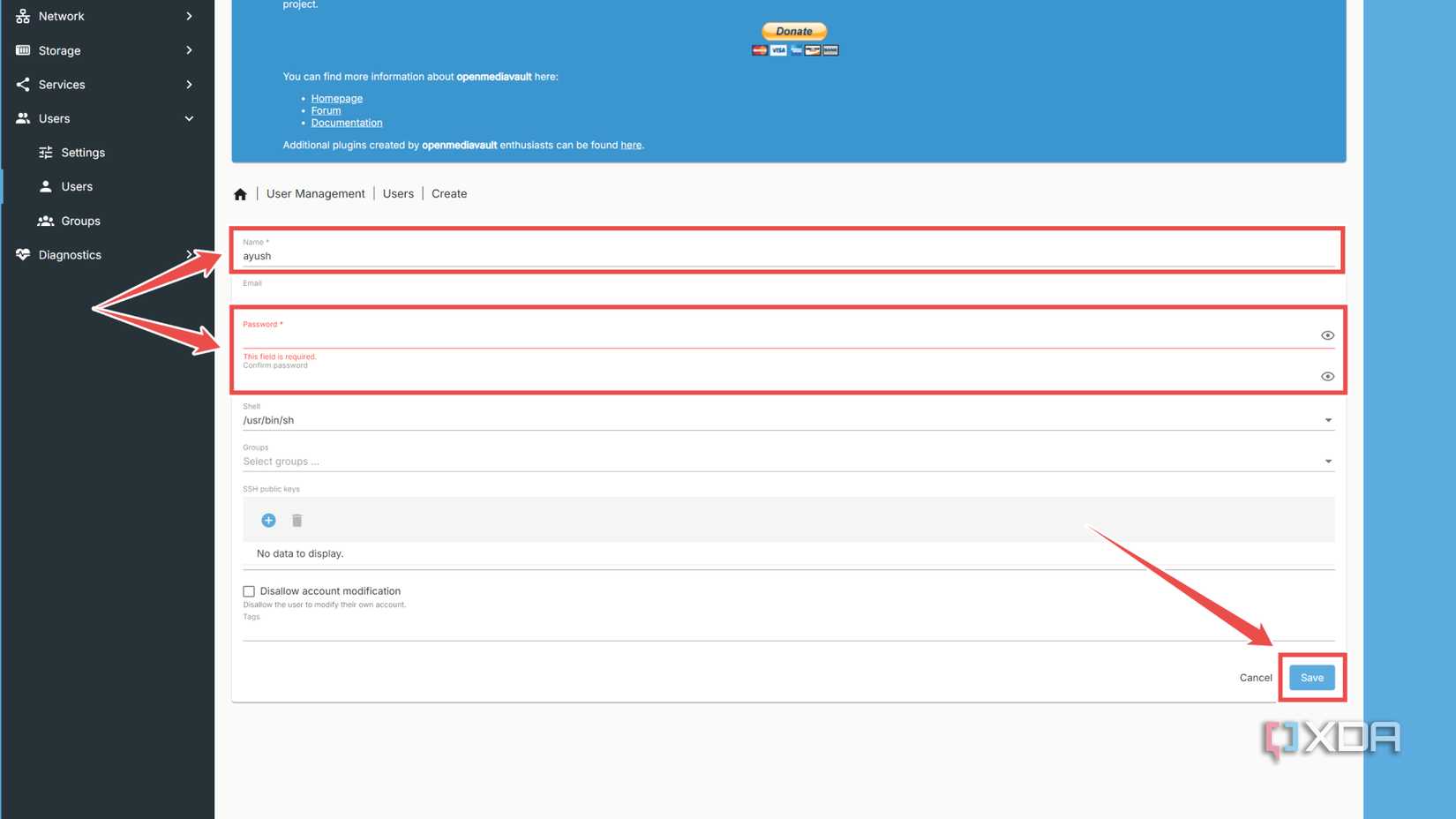 Entering a username and password for a new user on OMV