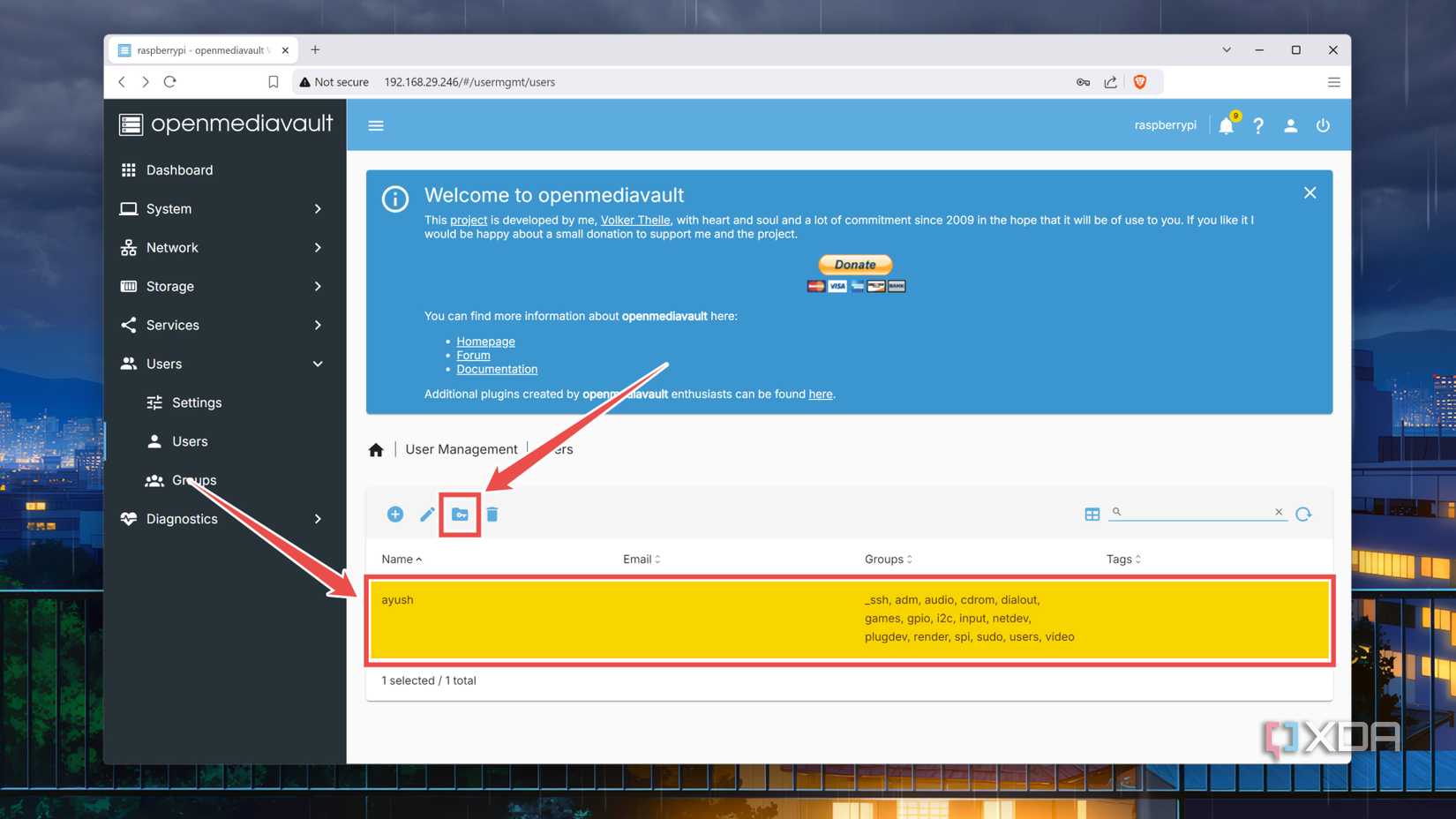 Modifying the permissions of a user on OMV