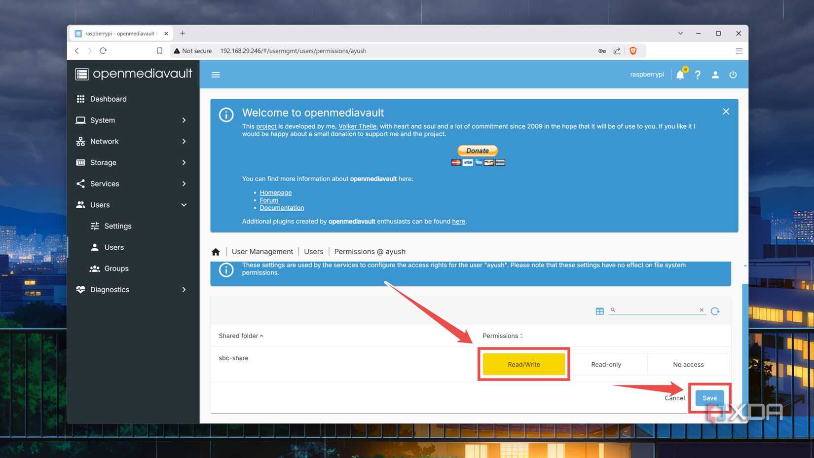 Setting the Read/Write privilege in OMV 