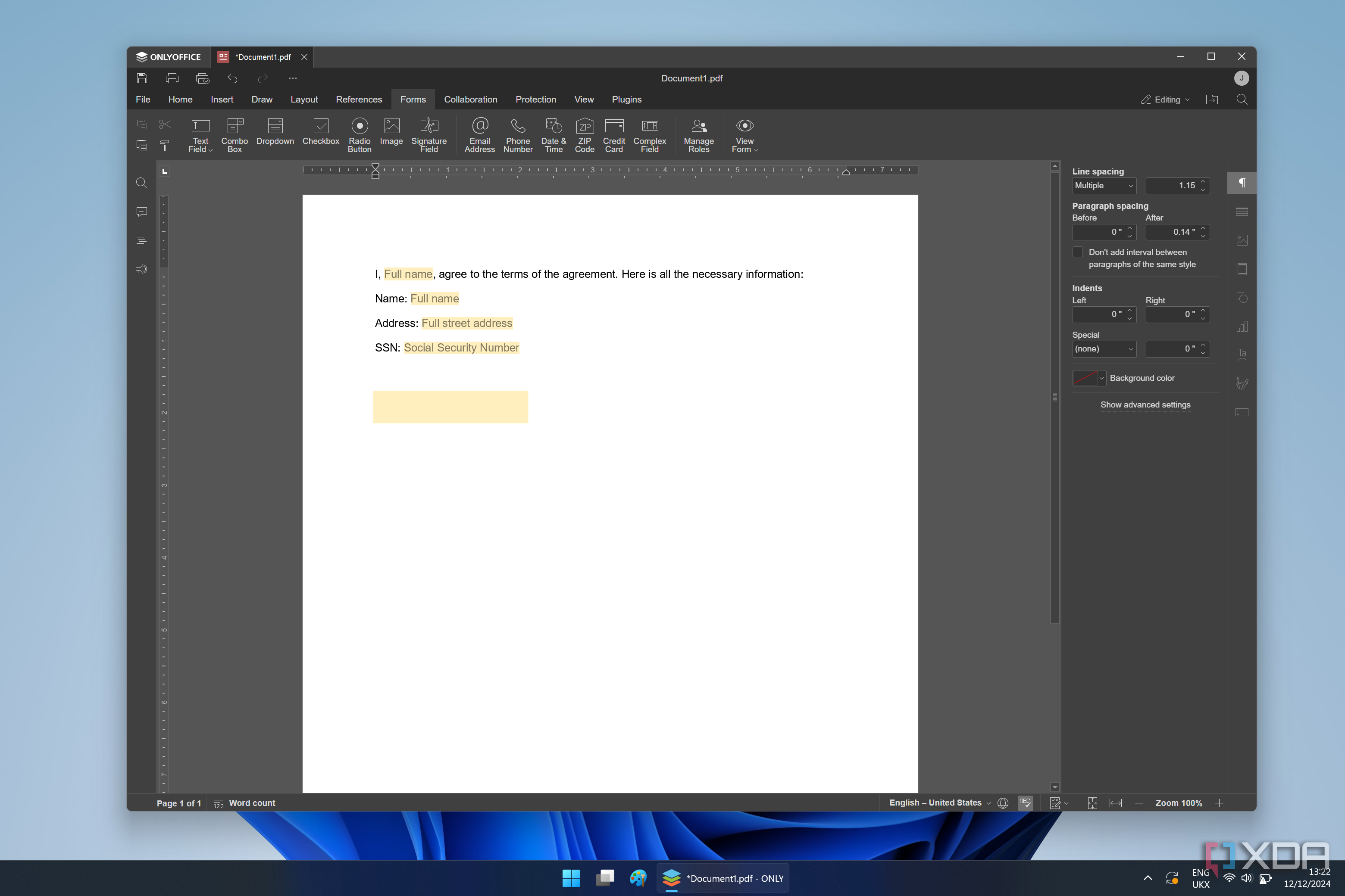 Screenshot of the PDF form maker in OnlyOffice