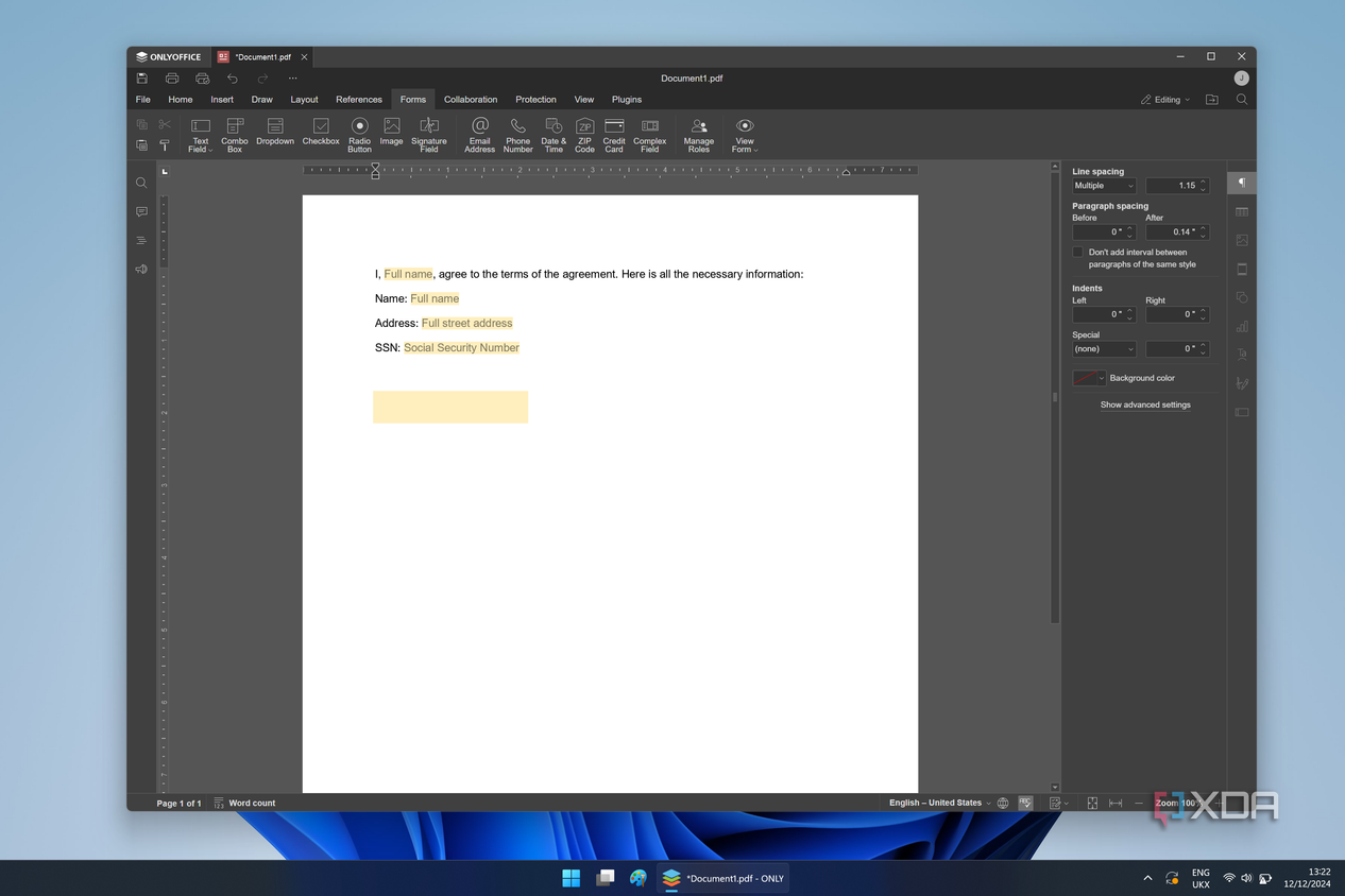 Screenshot of the PDF form maker in OnlyOffice