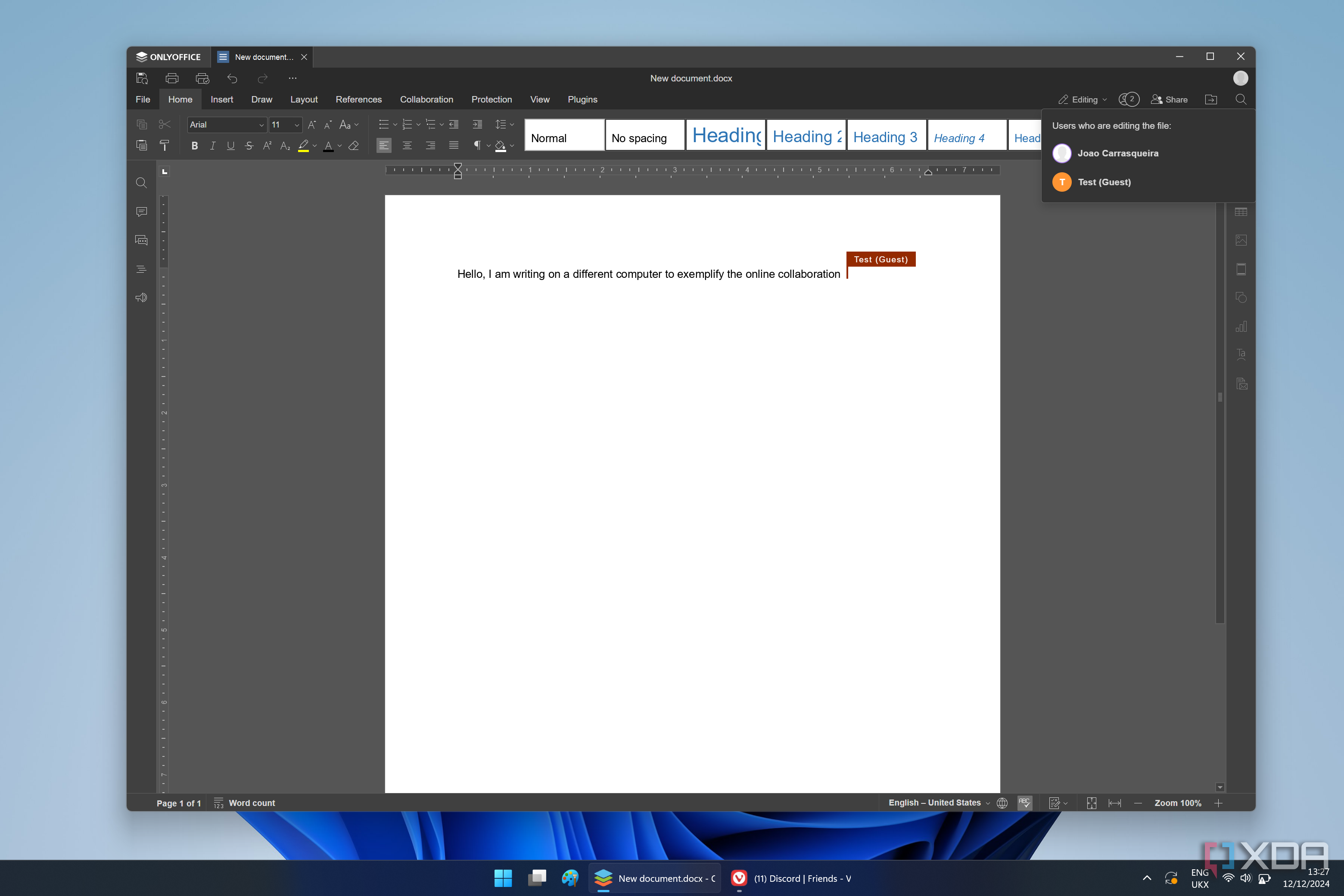 Screenshot of OnlyOffice when collaborating online showing an indicator for another user