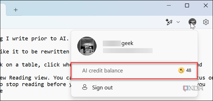 Showing AI credit balance from Notepad for Rewrite feature