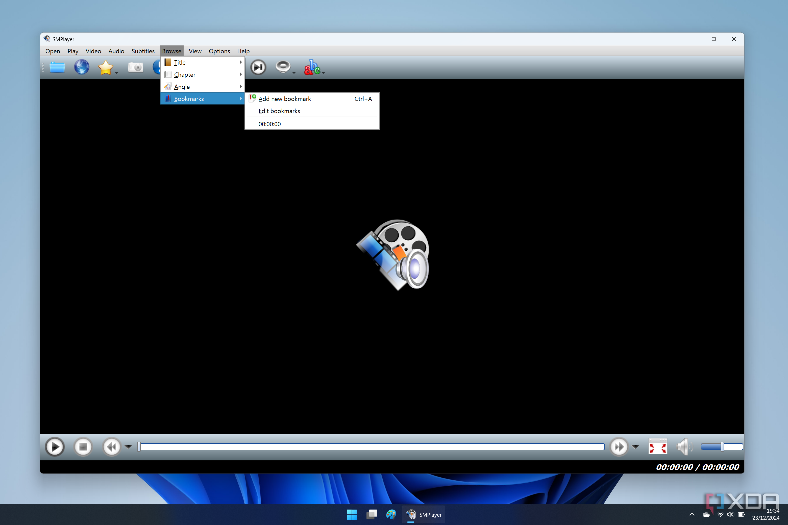 Screenshot of SMPlayer on Windows 11 showing the bookmarks menu