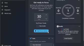screenshot showing how to start a focus session on windows