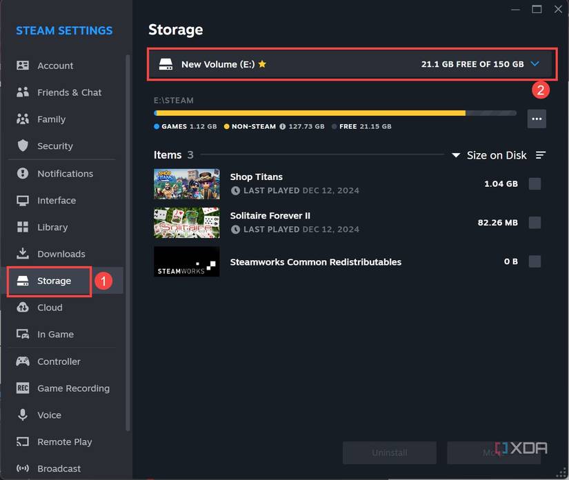 Steam Storage Settings