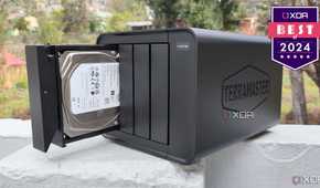 TerraMaster F4-424 on a stone wall with a badge reading XDA Best of 2024
