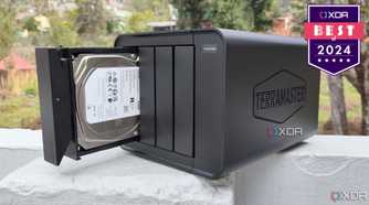 TerraMaster F4-424 on a stone wall with a badge reading XDA Best of 2024