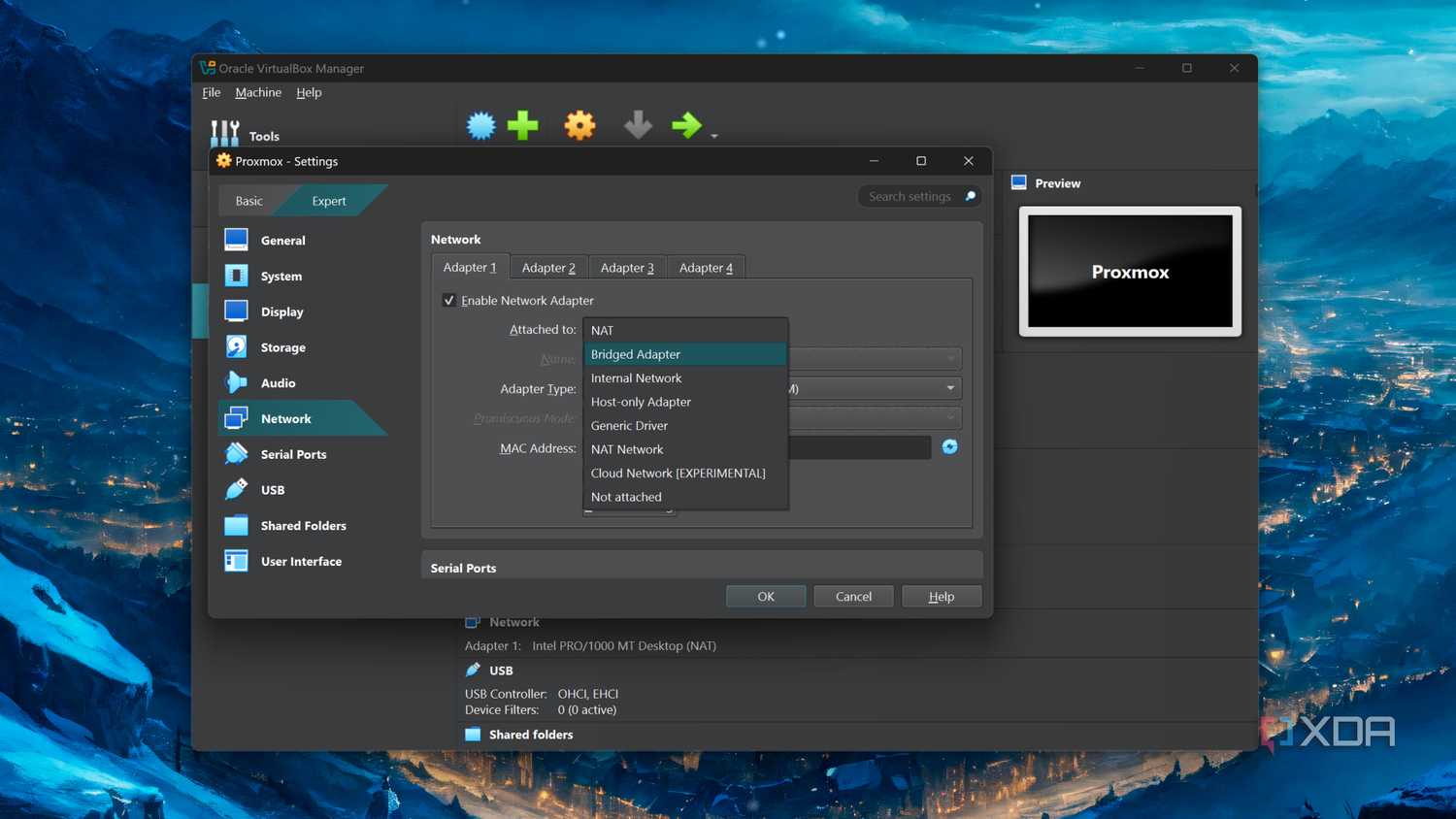 Switching the VirtualBox Ethernet adapter to Bridged Adapter