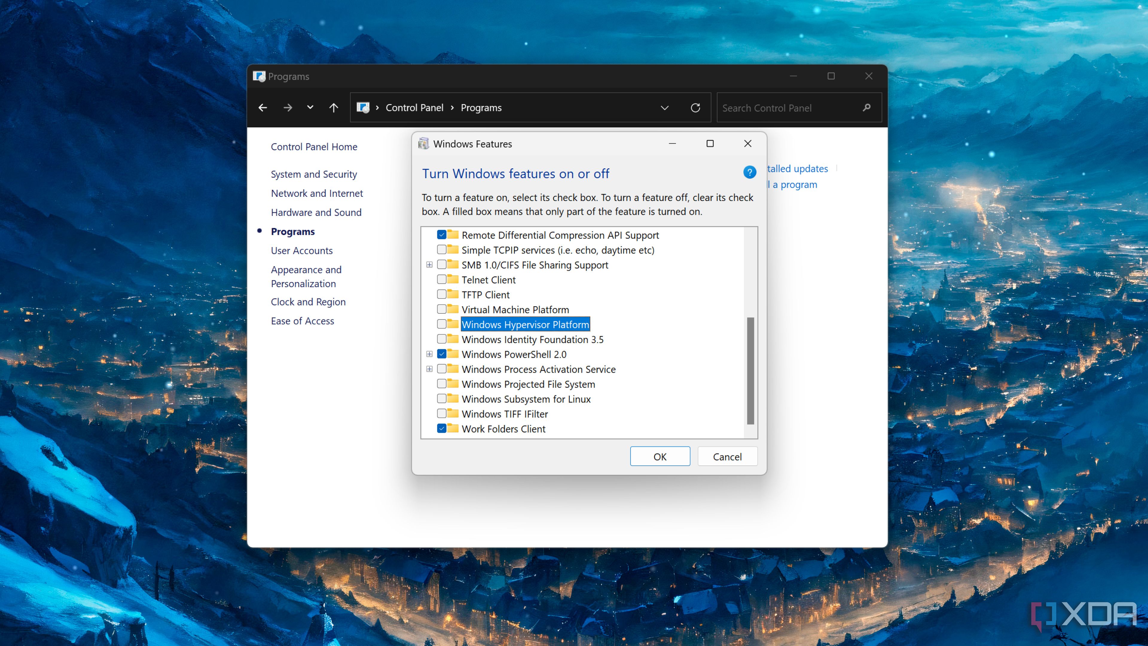 Turning off the Windows Hypervisor Platform setting in the Control Panel