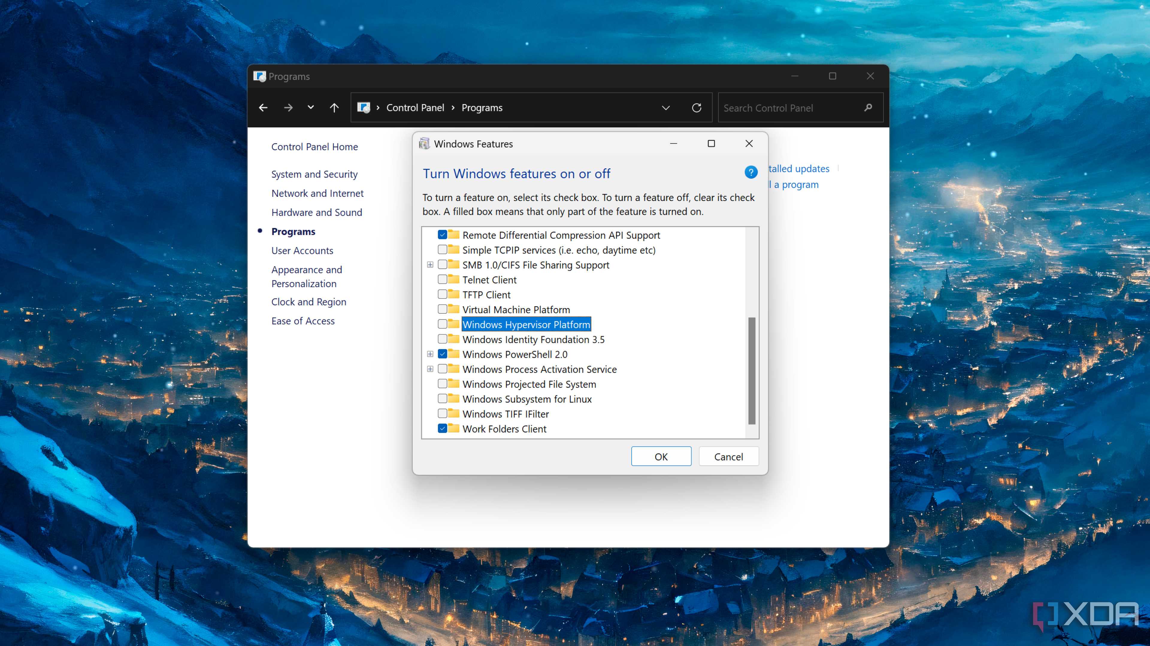 Turning off the Windows Hypervisor Platform setting in the Control Panel