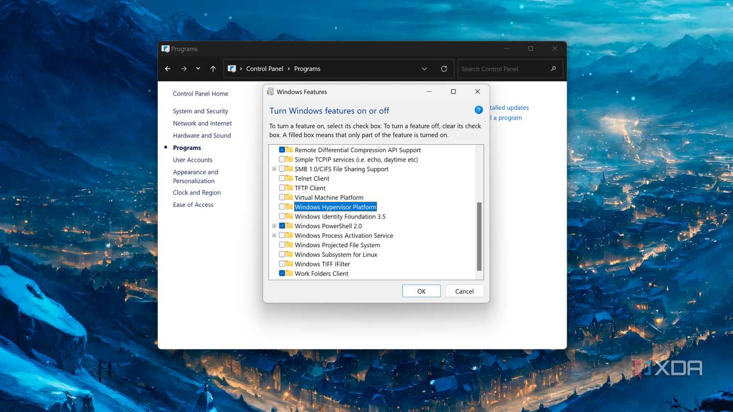 Turning off the Windows Hypervisor Platform setting in the Control Panel