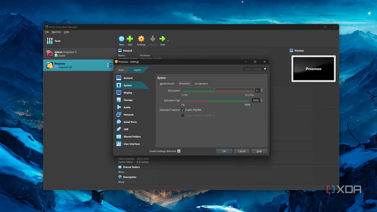 The nested virtualization option inside VirtualBox