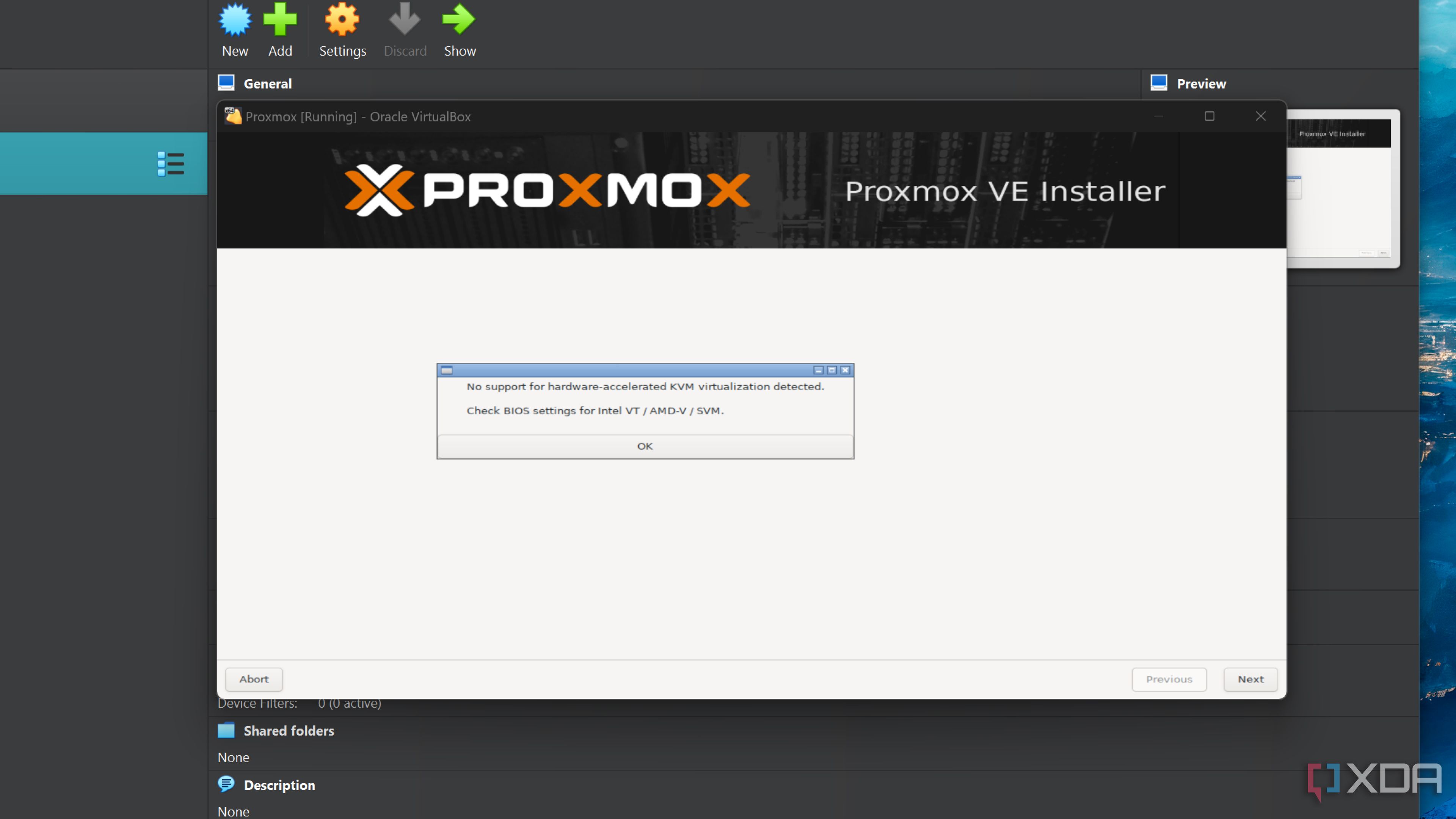 The hardware accelerated KVM not detected error message when running Proxmox in VirtualBox