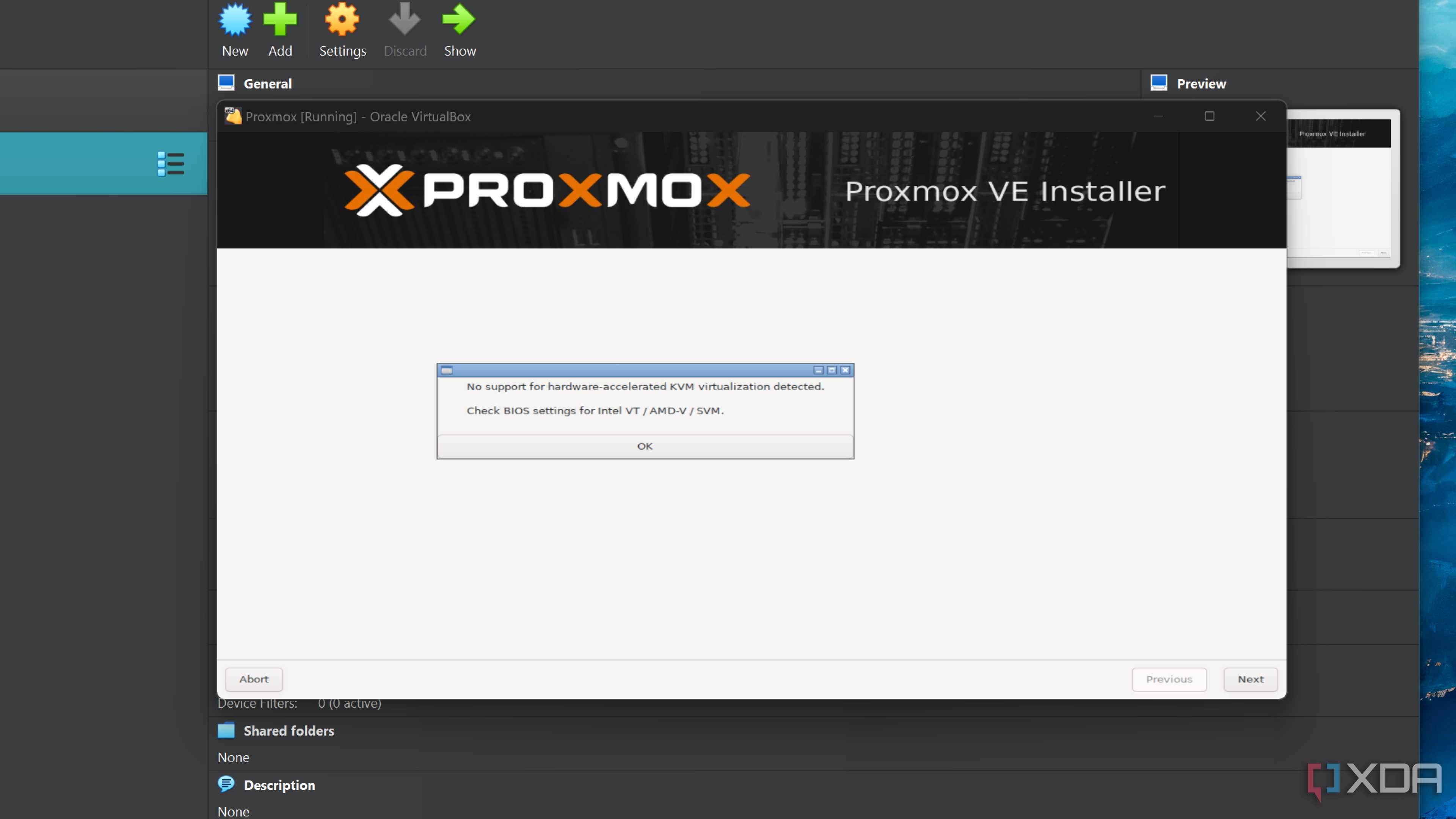 The hardware accelerated KVM not detected error message when running Proxmox in VirtualBox