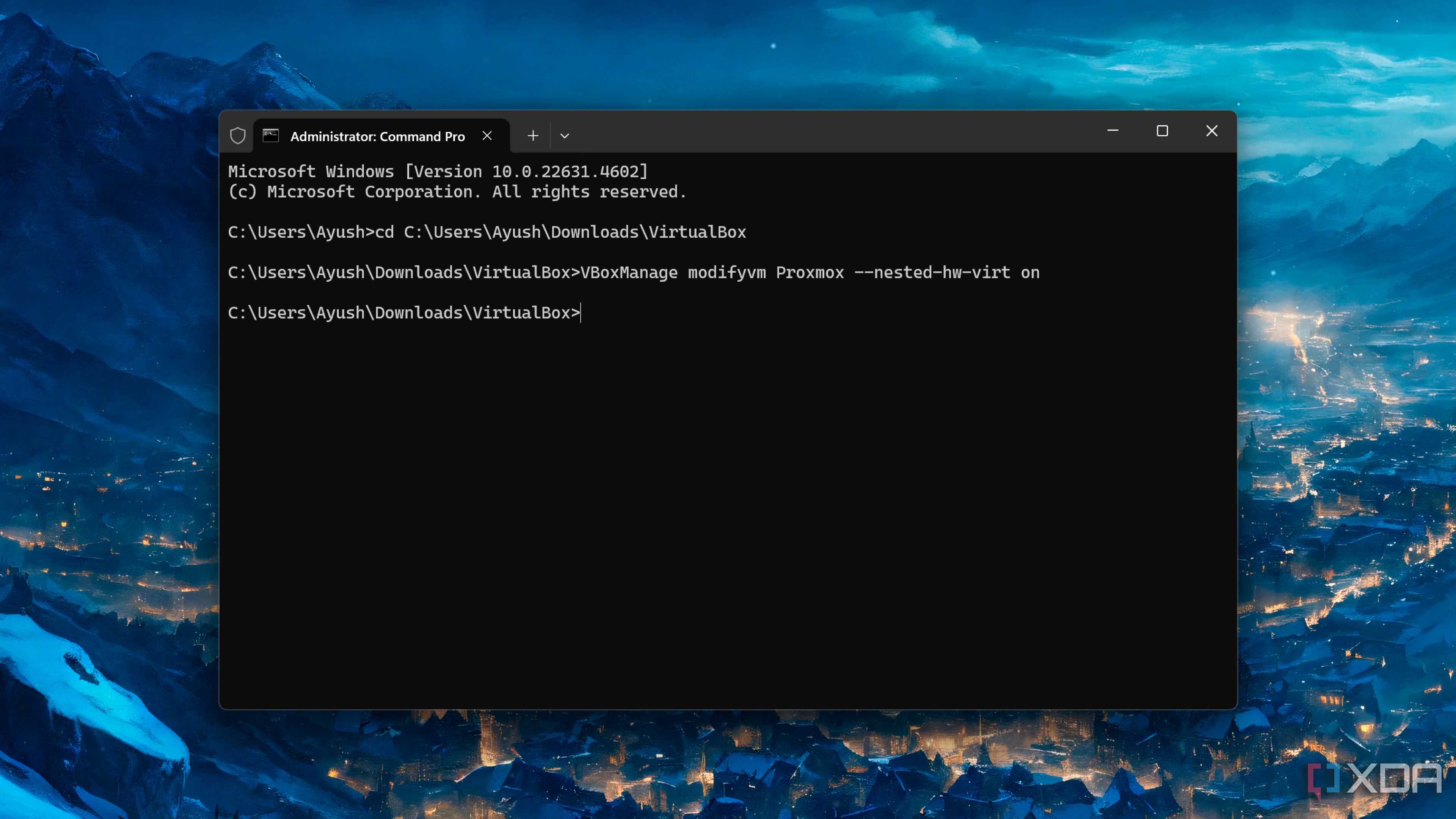 Running the commands to enable nested virtualization for a VirtualBox VM
