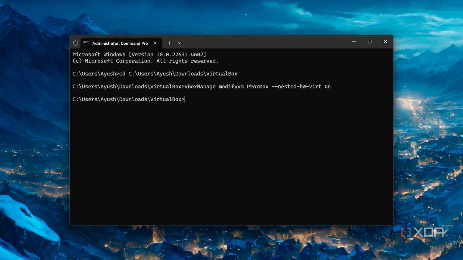 Running the commands to enable nested virtualization for a VirtualBox VM