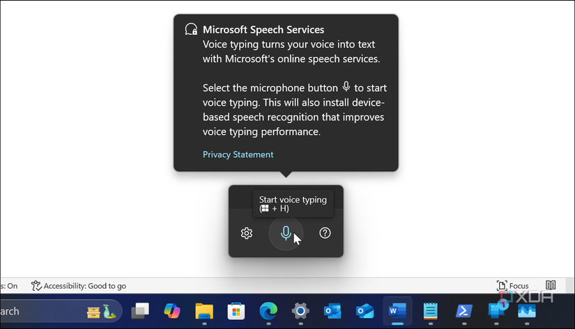 screenshot showing voice dictation feature in Windows 11 and Microsoft Word
