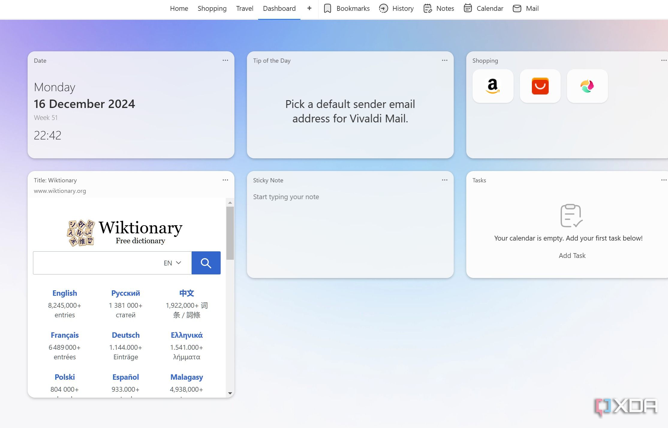 Vivaldi dashboard with widgets