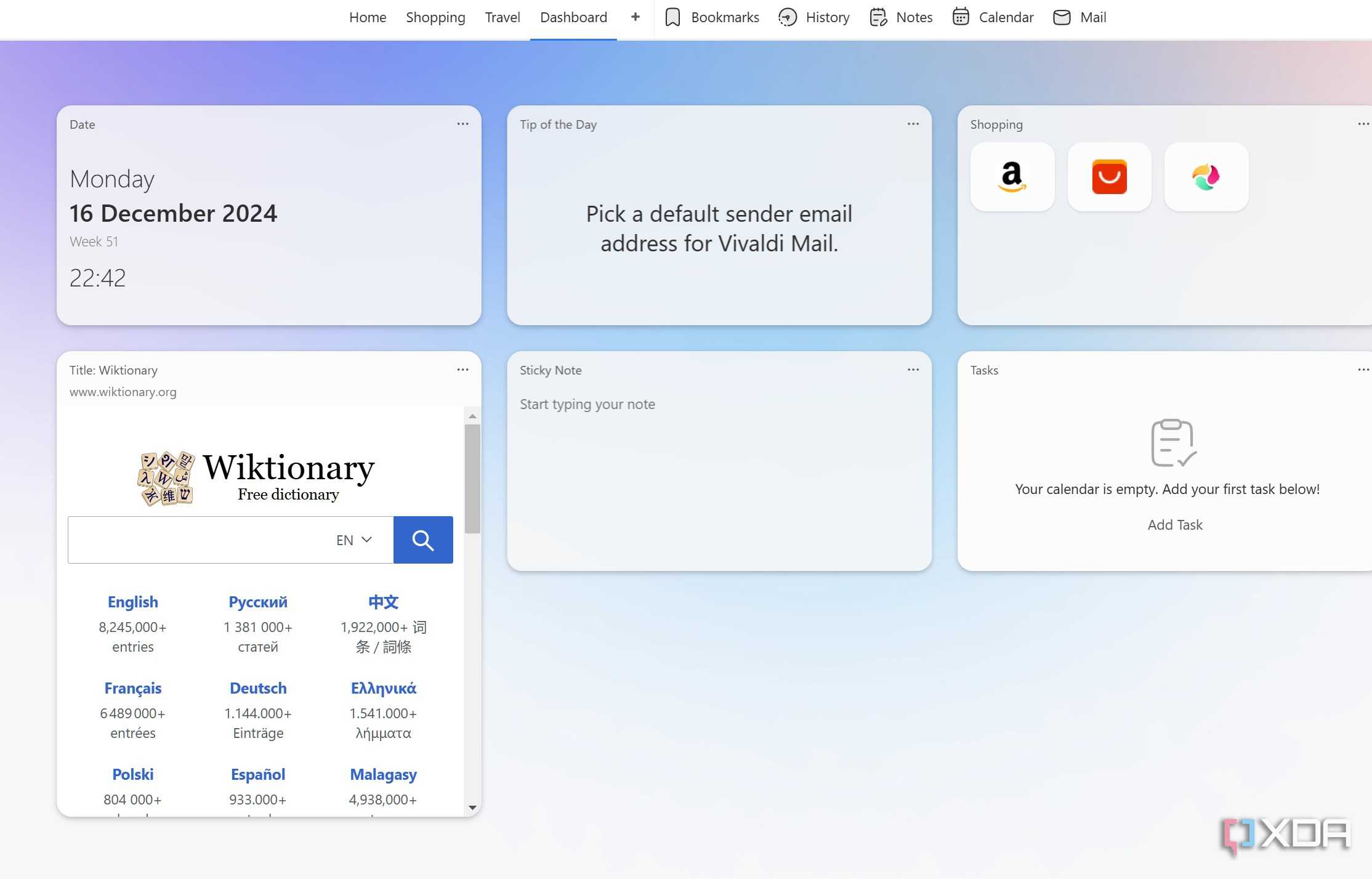 Vivaldi dashboard with widgets