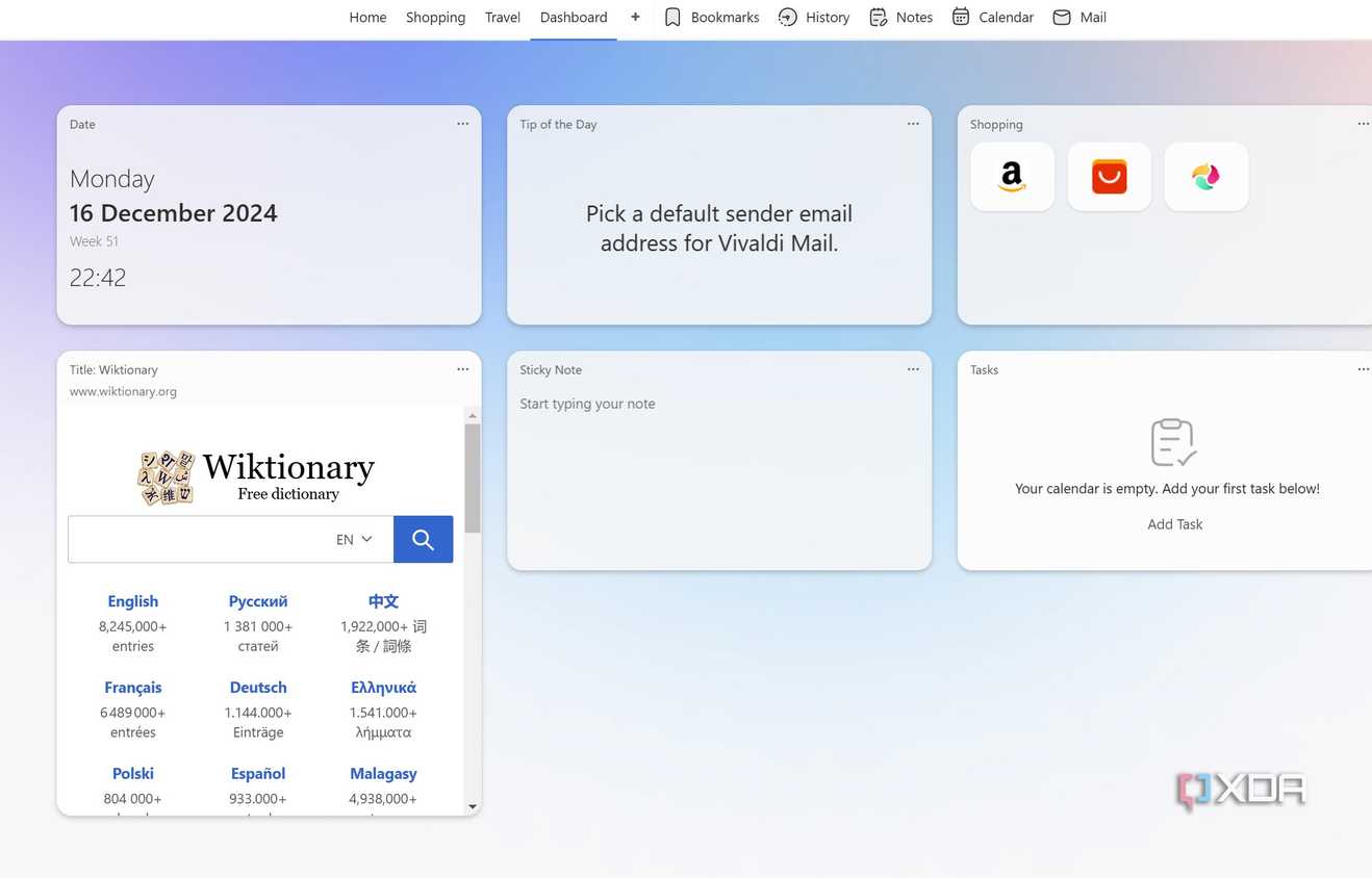 Vivaldi dashboard with widgets