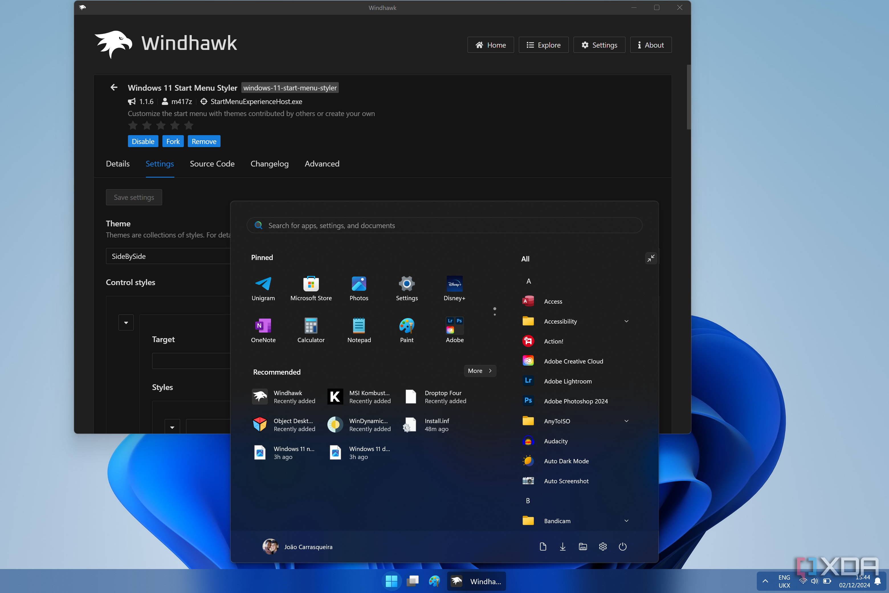 Screenshot of Windhawk showing the Windows 11 Start menu styler mod settings page and the side-by-side theme for the Start menu