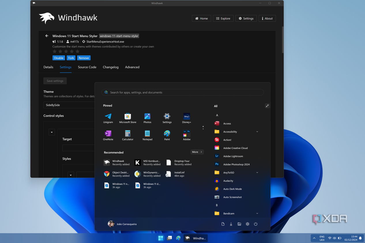 Screenshot of Windhawk showing the Windows 11 Start menu styler mod settings page and the side-by-side theme for the Start menu