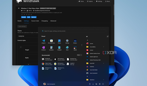 Screenshot of Windhawk showing the Windows 11 Start menu styler mod settings page and the side-by-side theme for the Start menu