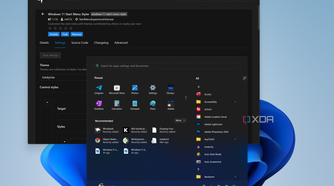 Screenshot of Windhawk showing the Windows 11 Start menu styler mod settings page and the side-by-side theme for the Start menu