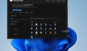 Screenshot of Windhawk showing the Windows 11 Start menu styler mod settings page and the trasnslucent theme for the Start menu